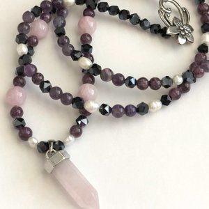 NEW Pink Rose Quartz Point Pendant beaded necklace